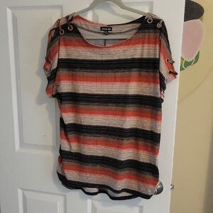 olivia blu Striped Short Sleeve Top - Black and Red rivet tie shoulders SzPXL